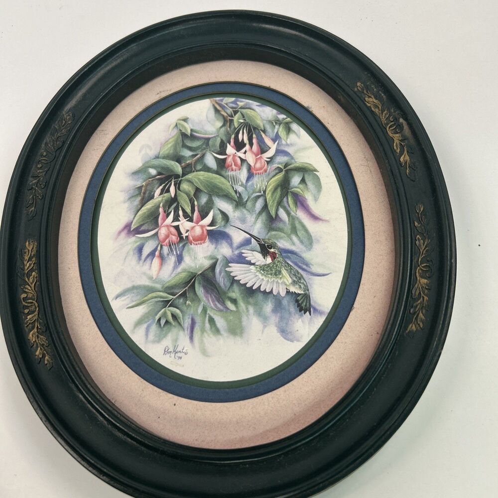 Vintage 1994 HOMCO Don Kent Hummingbird Fuchsia Floral Oval Framed Print